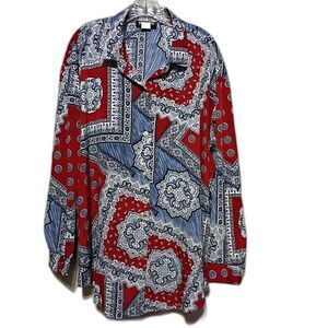 Vintage Susan Graver Button Up Blouse 2XL Red Blue Paisley Patriotic 4th of July